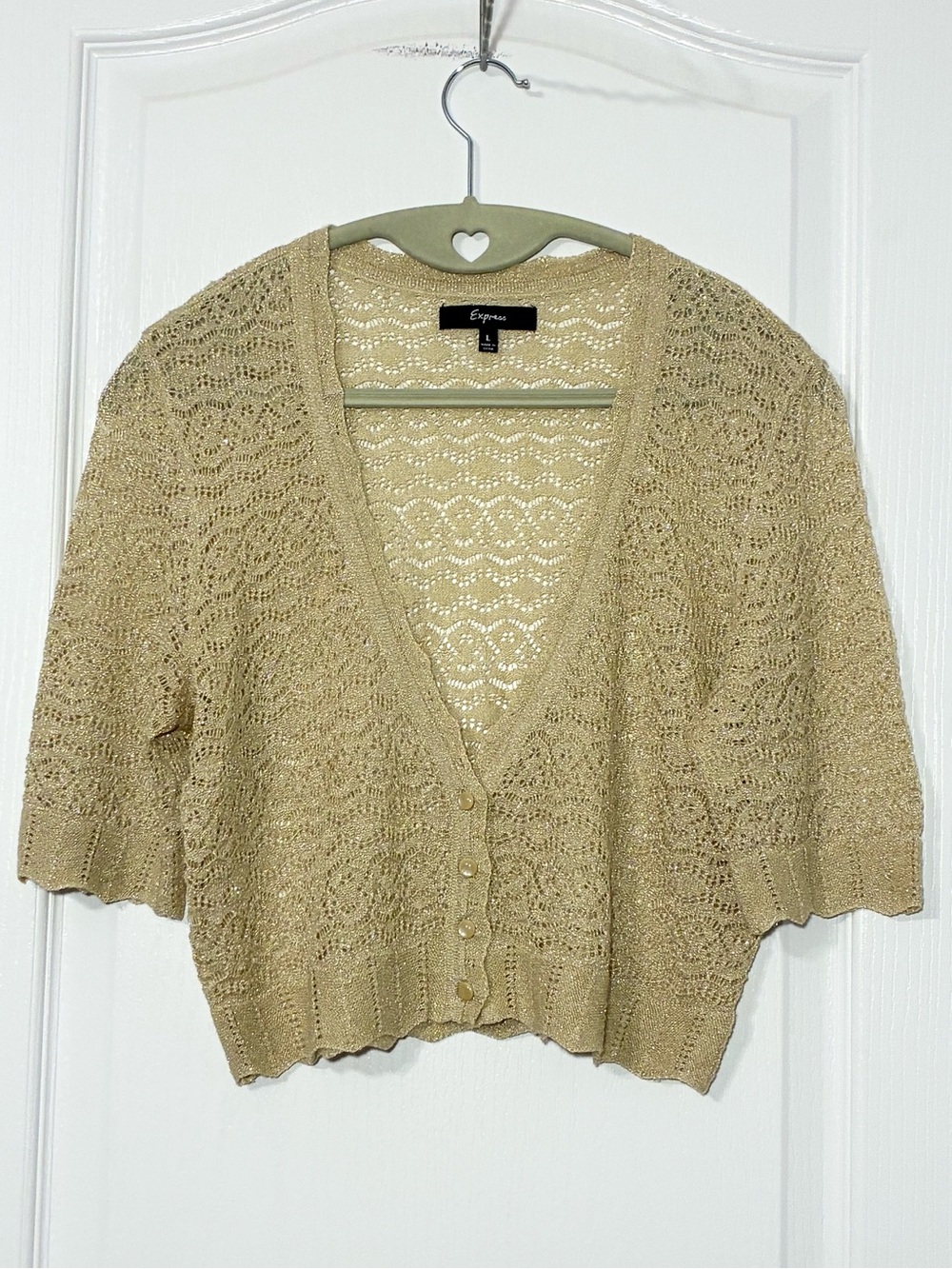 Y2K Express Open Knit Scalloped Trim Metallic Gold Cropped Cardigan Large